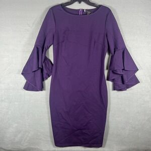 Vfshow Vfemage Women's Purple Bodycon Dress Size L Ruffle Bell Sleeves Stretch